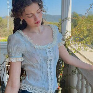 Lacemade Summer Wind Top Lt Blue Semi-Sheer Floral Puff Sleeves Lace Eyelet S 33